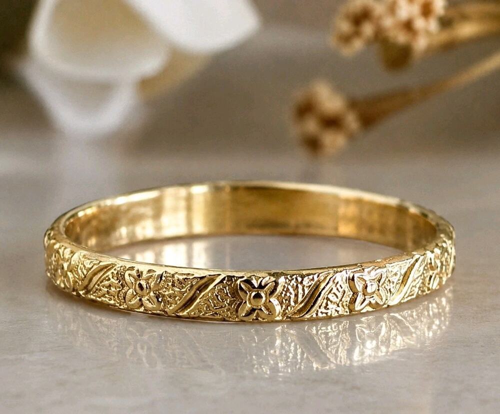 Antique 10K Yellow Gold Orange Blossom Baby Child Ring Etched Eternity Band Tiny